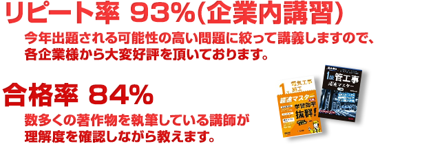 リピート率93％（企業内講習） 今年出題される可能性の高い問題に絞った講義で大好評。合格率84％ 多くの有名講師が理解度を確認しながら教えます！
